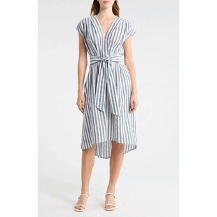 欧美条纹高腰大码 连衣裙清凉舒爽夏日V领套头背心系带收腰中长裙