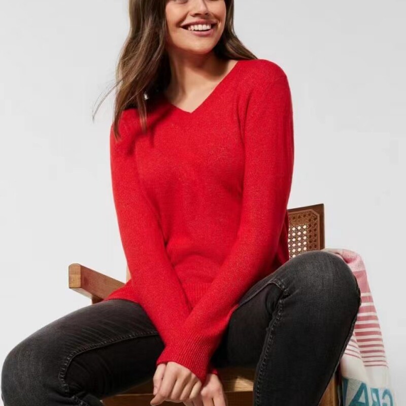 人造丝棉套头V领钻头弹力针织衫