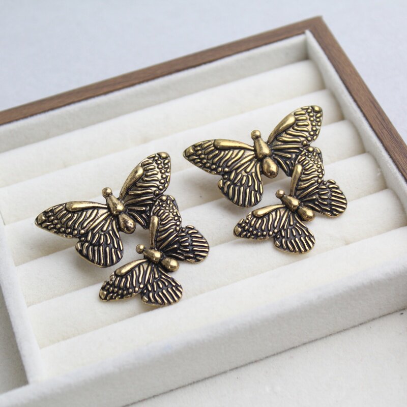 新款波西米亚复古蝴蝶耳钉女镂空雕花金属耳饰气质百搭个性潮流