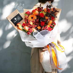 香槟玫瑰花束郁金香混搭朋友生日 上海同城配送花店送花 鲜花速递