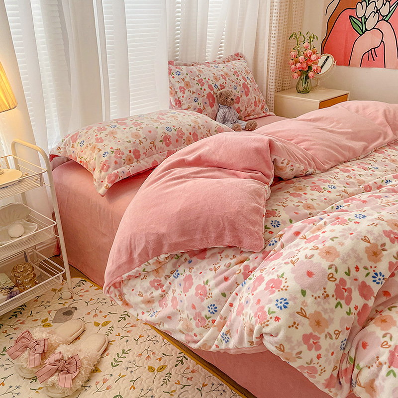 粉色碎花牛奶绒田园少女风四件套