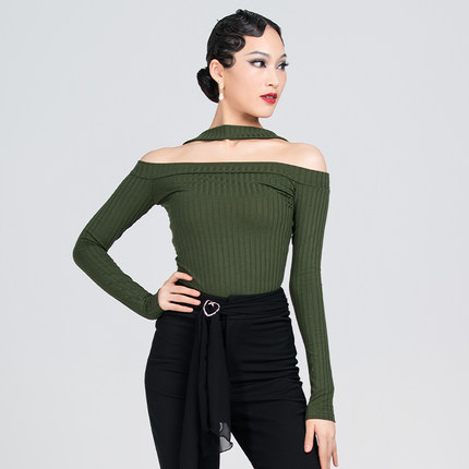 歌瑞亚拉丁舞服女成人舞蹈训练功服秋冬新款挂脖一字肩长袖上衣
