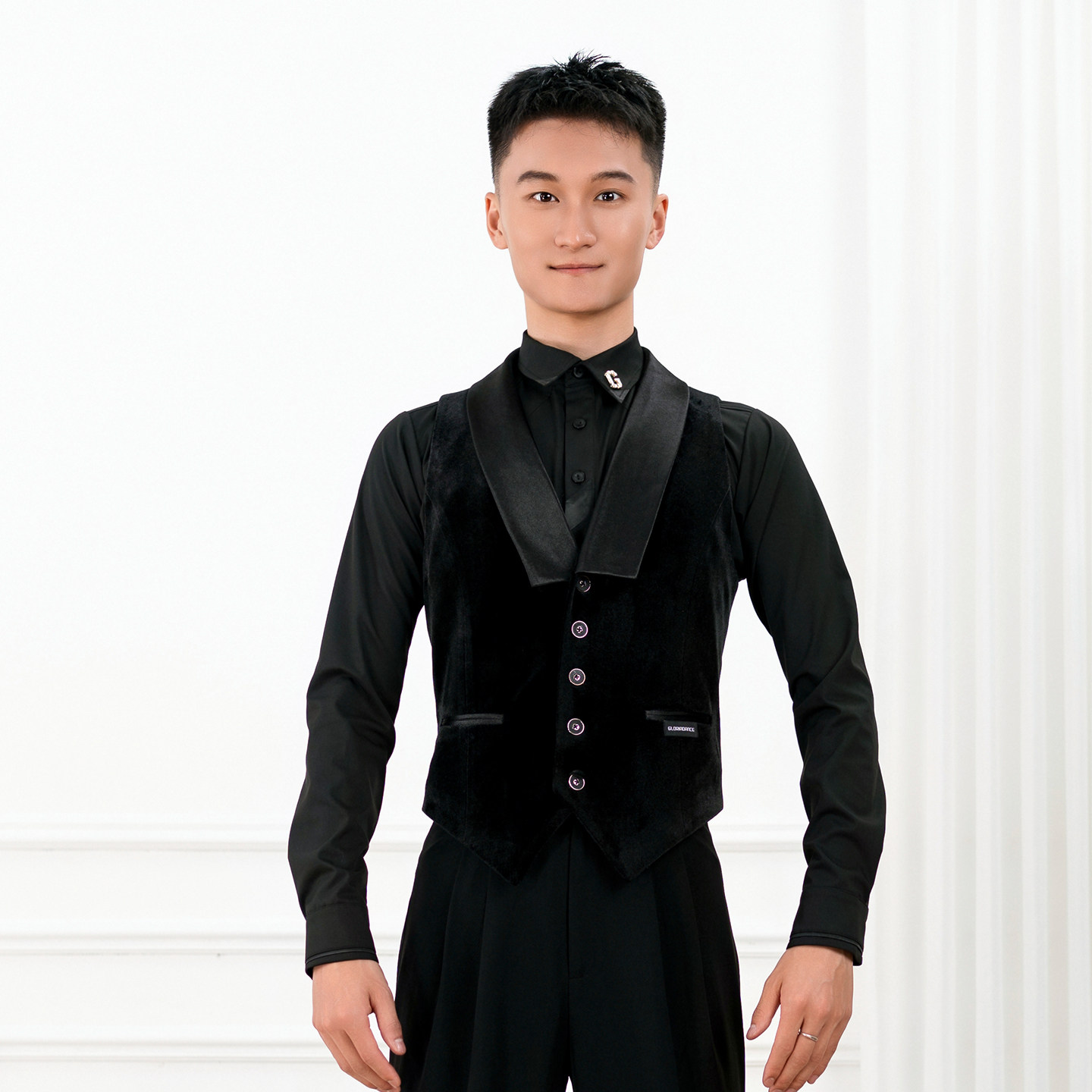 歌瑞亚标准舞摩登舞服男士舞蹈服摩登丝绒系扣马甲上衣表演出服