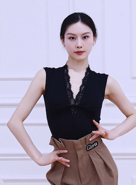 歌瑞亚拉丁舞女成人夏季新款V领蕾丝无袖连裆上衣练习功表演出服