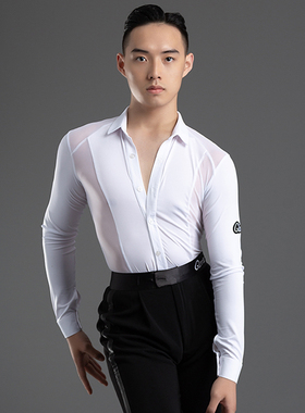歌瑞亚拉丁舞练功服上衣男士演出训练服长袖网纱形体服考级服513