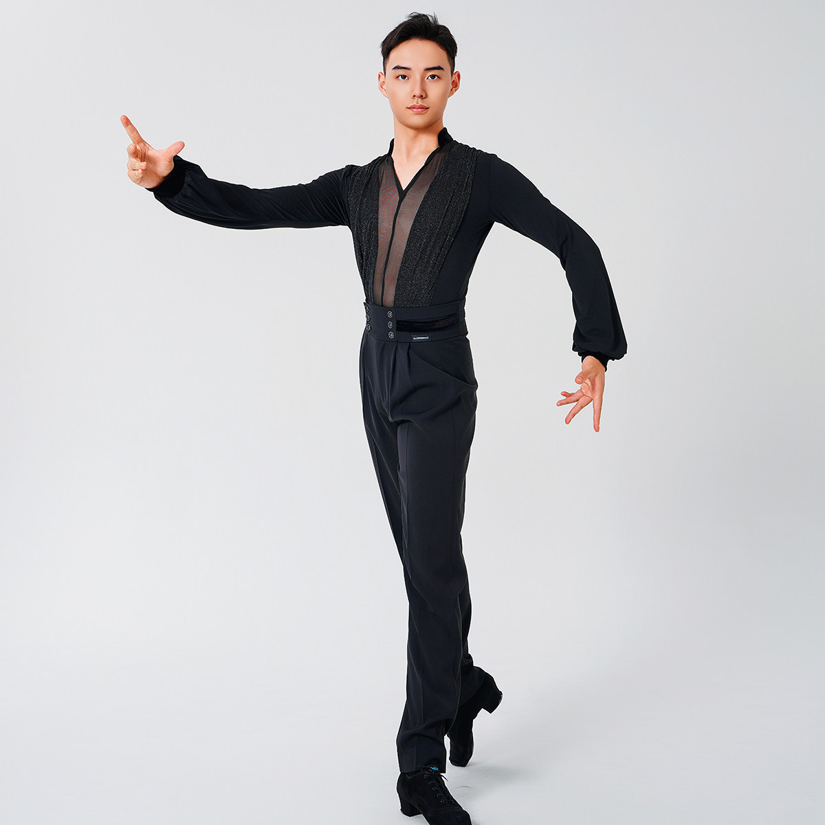 歌瑞亚舞服男士拉丁舞服训练功服网纱V领灯笼长袖上衣练功考级服