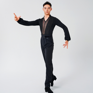 歌瑞亚舞服男士拉丁舞服训练功服网纱V领灯笼长袖上衣练功考级服