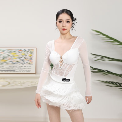 歌瑞亚拉丁舞女成人秋新款V领网纱长袖连裆上衣训练习表演出服