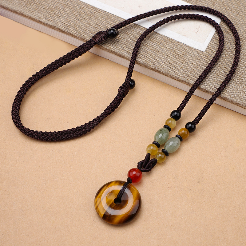 天然虎眼石平安扣项链高级毛衣链