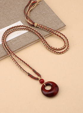 紫檀木吊坠平安扣毛衣链