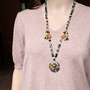 高档琉璃串珠项链长款轻奢小众中式国风毛衣链唐卡佛珠奢华配饰女