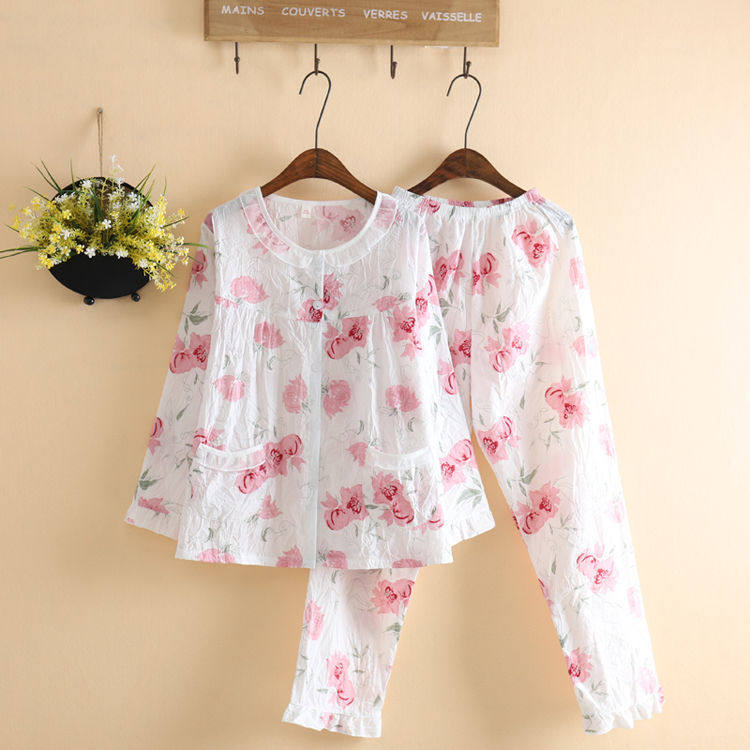 超美日系洗水布睡衣女夏长袖薄款经典大花人造棉布睡衣家居服套装