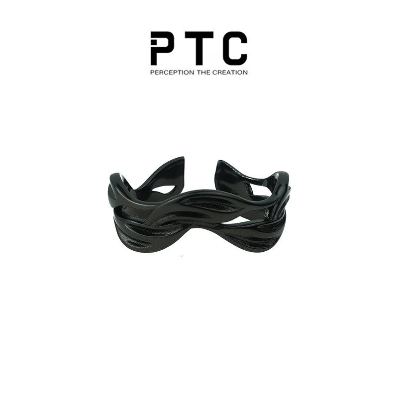 PTC 小众设计冷淡风黑色不规则波浪开口纯银戒指男女Y2K甜酷辣妹
