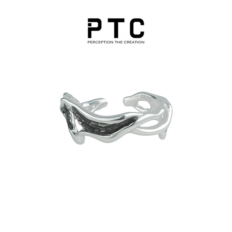 PTC黑色不规则破裂设计开口银戒指小众暗黑冷淡风高级感男女指环