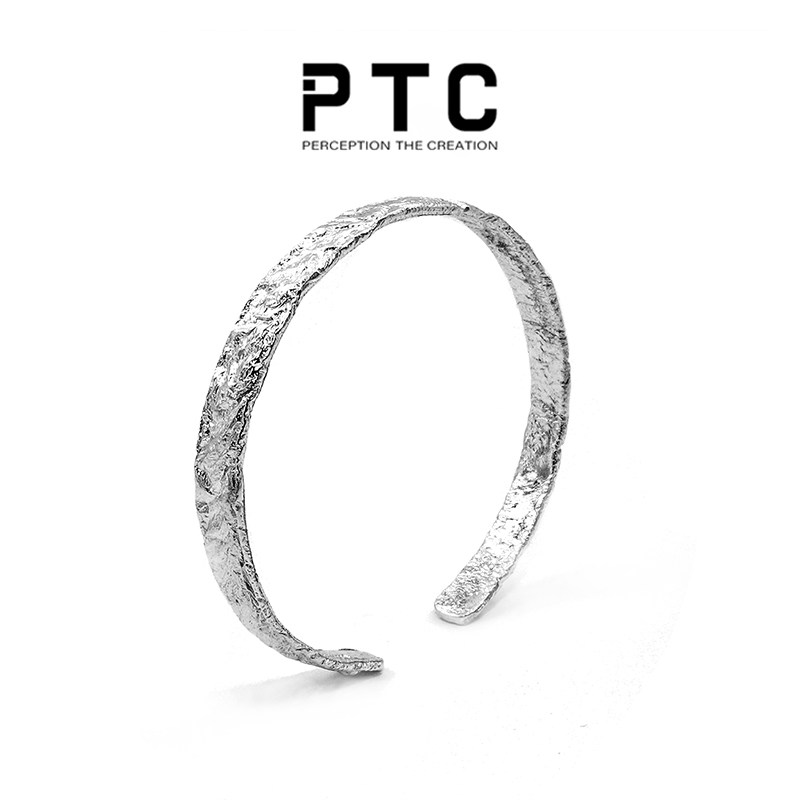 PTC 小众不规则锡箔纸纹理高级感男女S925纯银开口可调节褶皱手镯