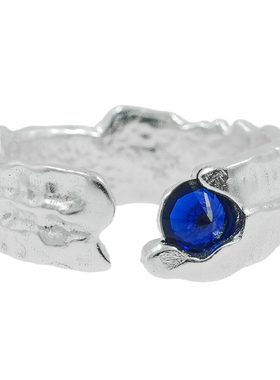 PTC 原创小众设计蓝色锆石镶嵌不规则纹理纯银开口戒指冷淡风男女