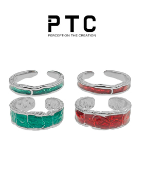 PTC 小众设计绿色红滴胶S925纯银开口戒指暗黑冷淡风男女款本命年