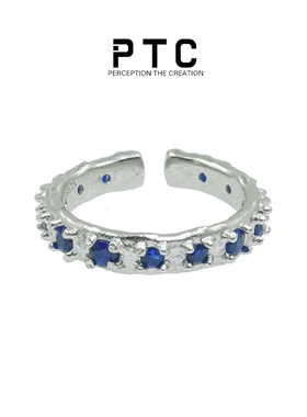 PTC 戒指925纯银小众设计蓝色宝石环绕镶嵌指环冷淡风高级感男女