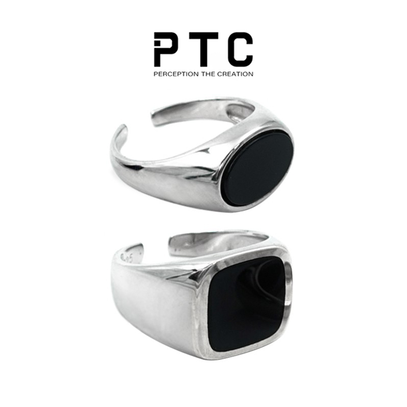 PTC小众简约冷淡风方面设计黑玛瑙925纯银开口戒指可调节男女情侣