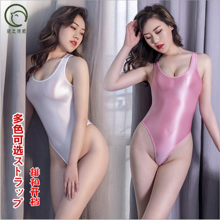 欲之诱惑新品油亮高弹镂空透视紧身高开叉连体泳衣排扣开裆内衣女