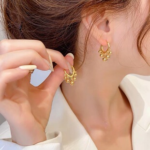 日韩时尚宫廷风小金珠流苏钛钢耳饰桃心耳环耳扣个性夸张饰品气质