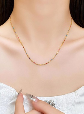 个性彩虹滴油小珠珠项链 波西米亚风裸链 ins时尚钛钢镀18K金项链