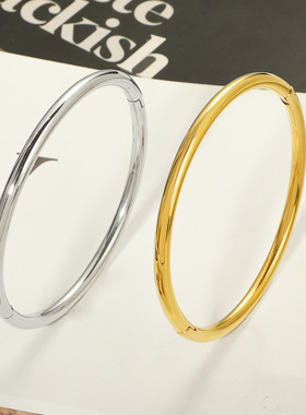 日韩时尚百搭素圈光面手环钛钢圆形简约古法镀金手镯女款气质OL风