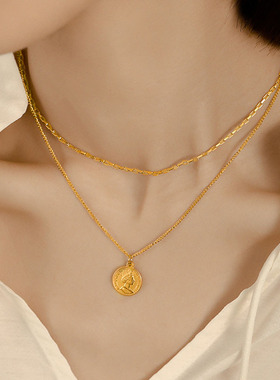 复古百搭轻奢高级感双层钛钢项链小众设计叠戴女王钱币卫衣颈链