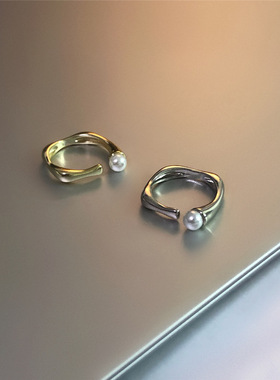 ins设计感几何钛钢镀金珍珠款戒指女 时尚个性食指指环防过敏新款