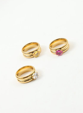 欧美时尚新款小众设计多色双弧面镶钻戒指指环钛钢镀金中指食指女