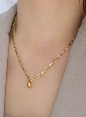 欧美圆珠链条拼接钛钢镀18K金项链女短款锁骨链简约高级感气质