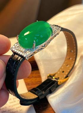 本命年冰种绿玉髓手表腕带圆形无事牌子男女款国风绿玉玛瑙手环手