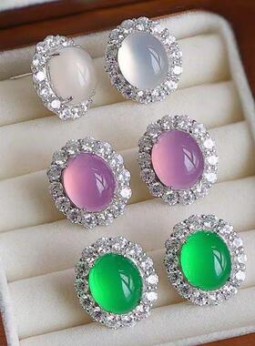 本命年925银针镶嵌冰种白玉髓新中式耳钉绿玛瑙简约款玉石耳环礼