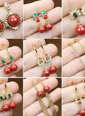 本命年高含量帝王砂镶钻耳坠轻奢古典朱砂镶嵌耳环复古首饰配件礼