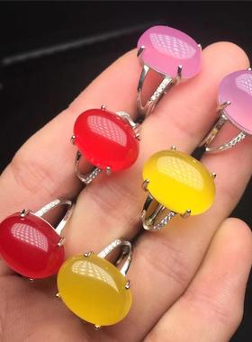 本命年冰种玉髓女戒喜庆红色芙蓉粉色黄玉石925银简约闺蜜戒指活