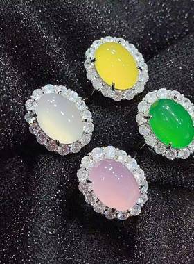 本命年银镶嵌绿玉髓大蛋面满钻女戒白冰玛瑙玉石戒指供礼物