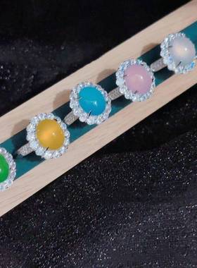 本命年银镶嵌绿玉髓卡通米老鼠女戒翡翠绿玛瑙款玉石活口戒指礼物