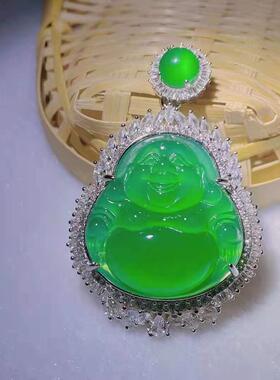 本命年绿玉髓佛吊坠翠绿色大肚佛925银镶嵌配银链女式色笑面佛礼