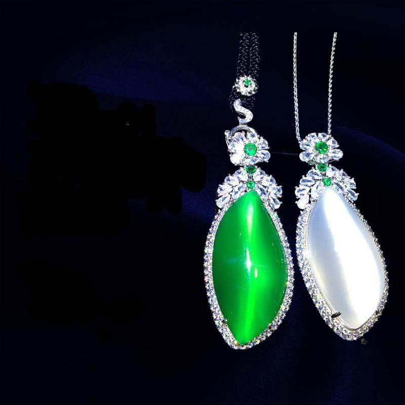本命年冰种玉髓925镶嵌吊坠翡翠色满绿阳绿水滴型玛瑙挂件项链毛