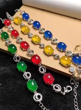 本命年925银镶玉髓手链大红阳绿黄蓝色玛瑙玉石手串手腕饰品婆婆