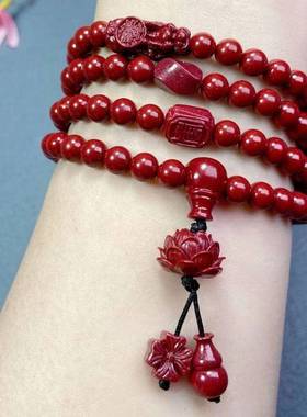 本命年朱砂手链108颗佛珠手链项链两用款原矿紫砂多圈圆珠手串礼