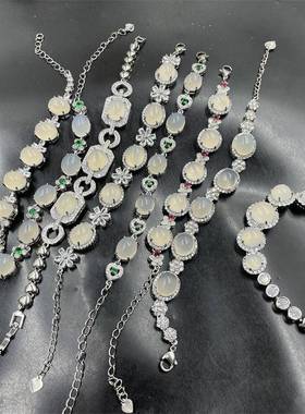 本命年银镶嵌冰白色玉髓玛瑙手链女款精品银色镶嵌冰种白玛瑙手串