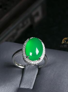 本命年绿玉髓戒指女款开口可调节925银镶帝王绿翡翠玛瑙宝石指环