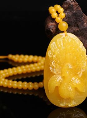 本命年蜜蜡大孔雀吊坠雕刻凤凰款男女款毛衣链圆珠项链琥珀挂件坠