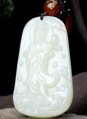 本命年新疆和田玉观音牌子吊坠精雕和田玉莲花站观音玉挂件配证礼