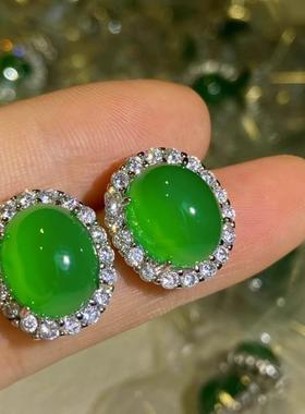本命年简约起光绿玉髓蛋面耳钉百搭绿色玉石玛瑙女耳坠饰品满绿葫