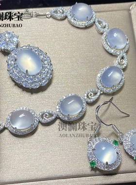 本命年镶嵌银冰种白玉髓鸽子蛋吊坠套装玛瑙手链戒指耳环媲美翡翠