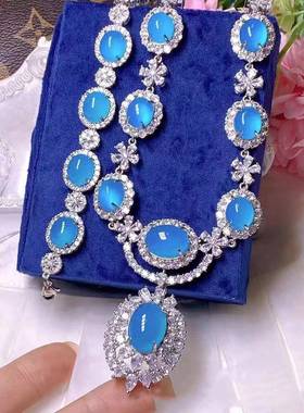 本命年银镶嵌天青冻玛瑙土耳其蓝玉髓四件套晚礼服玉石套装手链项