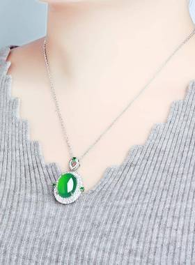 本命年玛瑙水滴吊坠冰种翡翠绿玉髓蛋面银锁骨链女款挂坠镶钻颈链