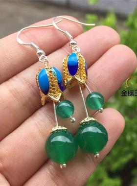 本命年925银冰绿色玉髓玉石水晶耳环复古民族风耳坠饰品古装百搭